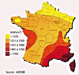 Carte de la quantité d’énergie solaire reçue en France